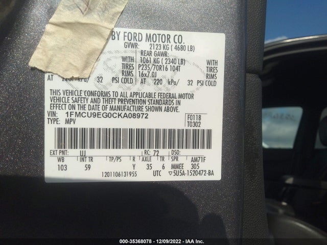 2012 FORD ESCAPE LIMITED VIN: 1FMCU9EG0CKA08972