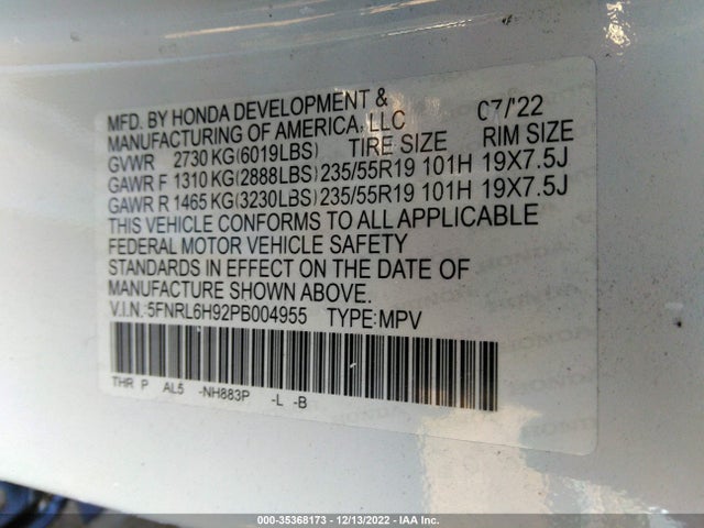 2023 Honda Odyssey, VIN: 5FNRL6H92PB004955