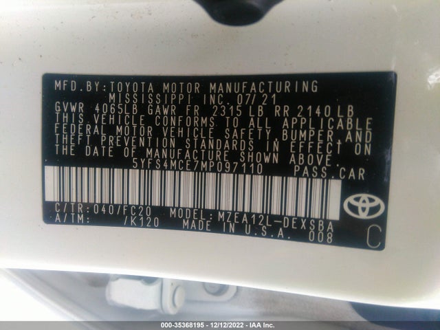 2021 Toyota Corolla, VIN: 5YFS4MCE7MP097110