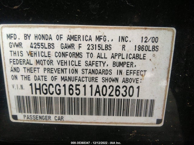 2001 HONDA ACCORD SDN EX W/LEATHER VIN: 1HGCG16511A026301
