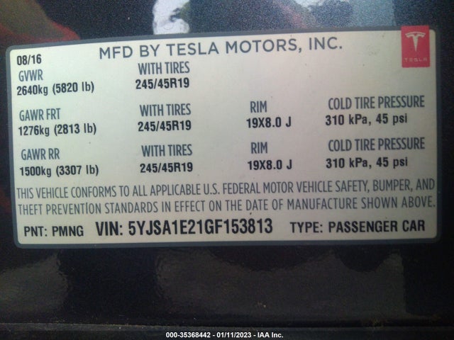 Tesla Model S 90d/70d/75d/60d/85d 2016 5YJSA1E21GF153813 Image 10
