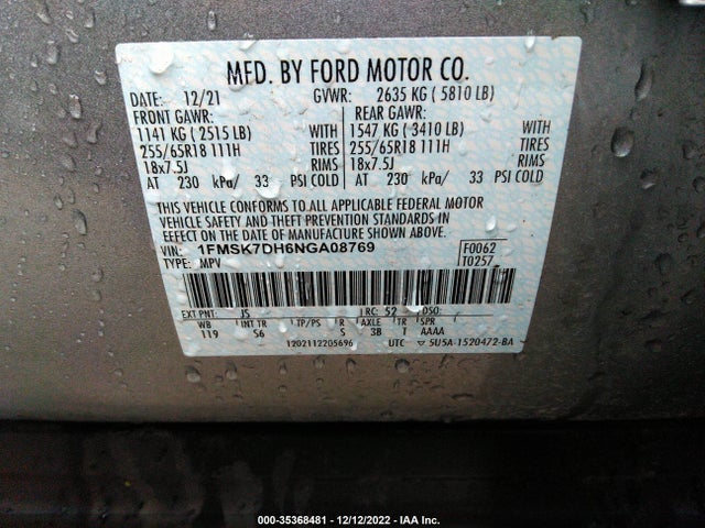2022 Ford Explorer, VIN: 1FMSK7DH6NGA08769