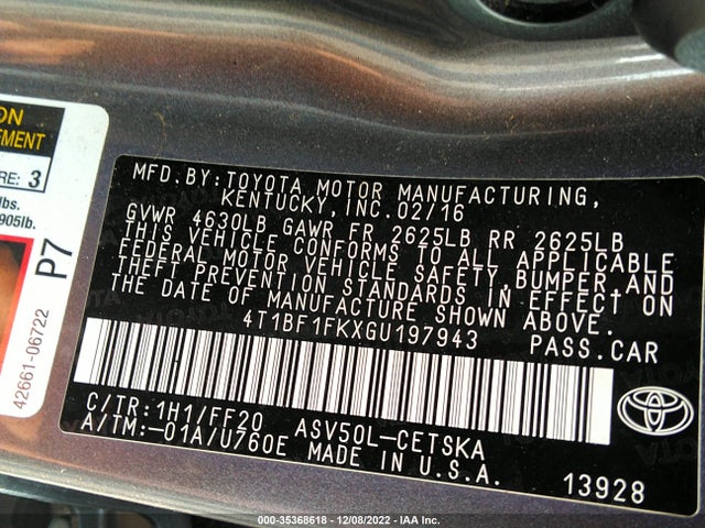 2016 TOYOTA CAMRY XLE/SE/LE/XSE VIN: 4T1BF1FKXGU197943