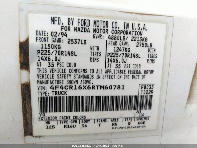 1994 MAZDA B4000 CAB PLUS VIN: 4F4CR16X6RTM60781