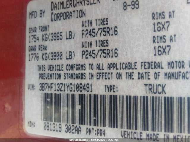 2000 DODGE RAM 1500 VIN: 3B7HF13Z1YG108491