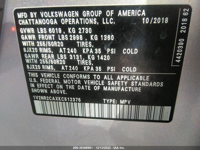 1V2NR2CAXKC512375 Volkswagen Atlas 3.6l V6 Sel Premium