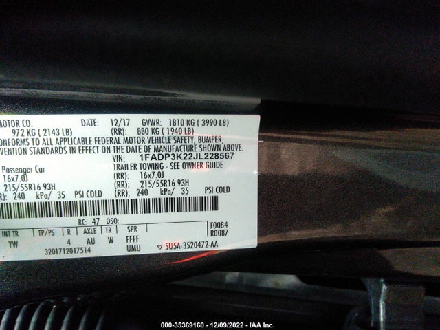 2018 Ford Focus, VIN: 1FADP3K22JL228567