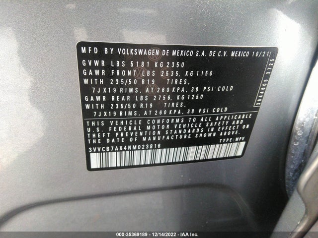 2022 Volkswagen Tiguan, VIN: 3VVCB7AX4NM023816