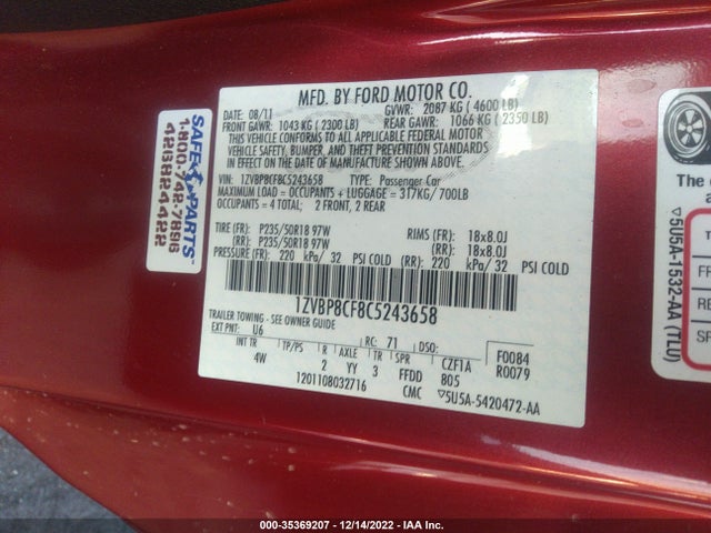 2012 FORD MUSTANG GT VIN: 1ZVBP8CF8C5243658