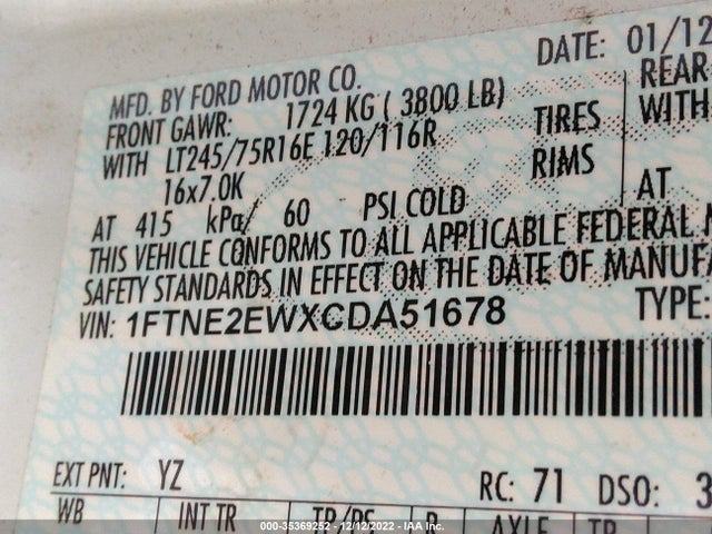 2012 FORD ECONOLINE CARGO VAN RECREATIONAL/COMMERCIAL VIN: 1FTNE2EWXCDA51678