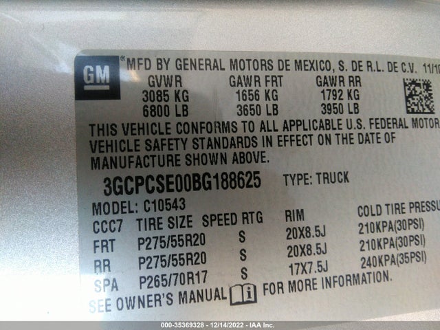2011 CHEVROLET SILVERADO 1500 LT VIN: 3GCPCSE00BG188625