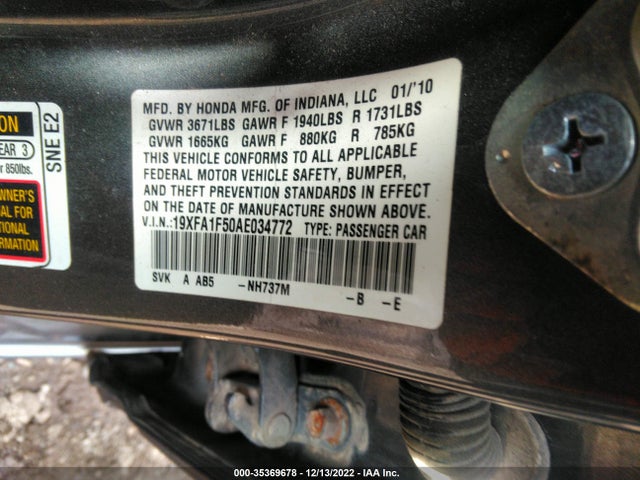 2010 HONDA CIVIC SDN LX VIN: 19XFA1F50AE034772