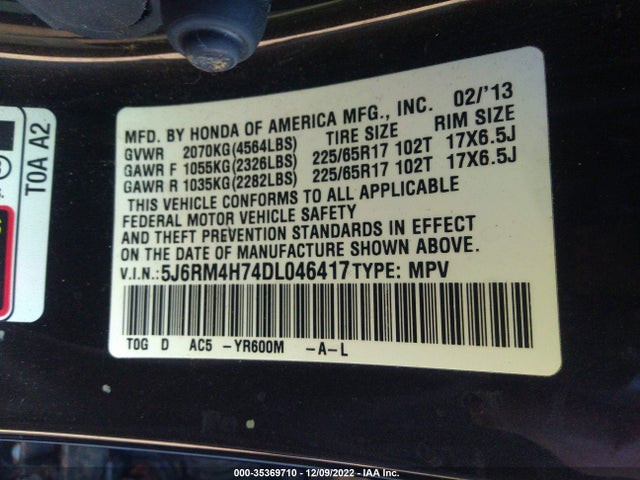 2013 HONDA CR-V EX-L VIN: 5J6RM4H74DL046417