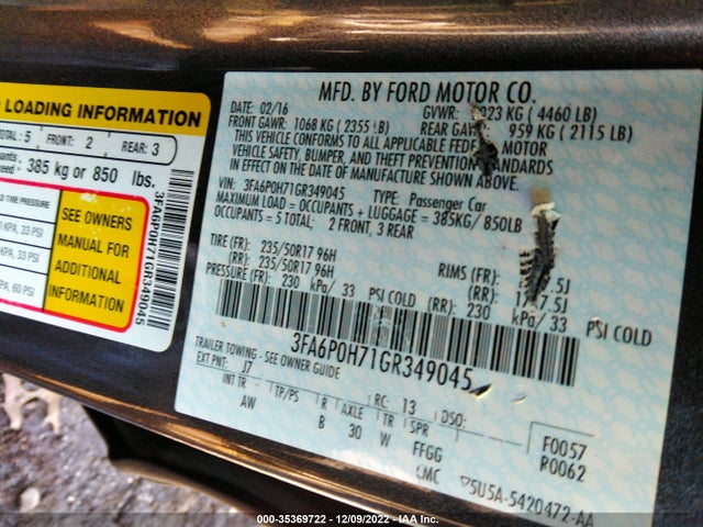 2016 FORD FUSION SE VIN: 3FA6P0H71GR349045