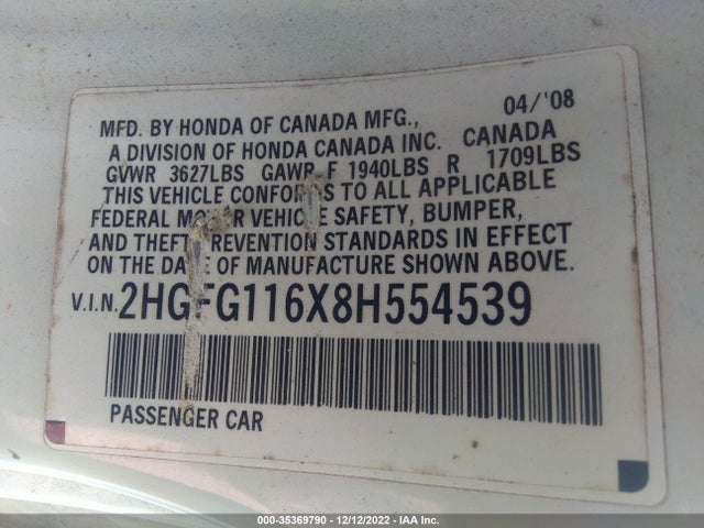 2008 HONDA CIVIC CPE LX VIN: 2HGFG116X8H554539