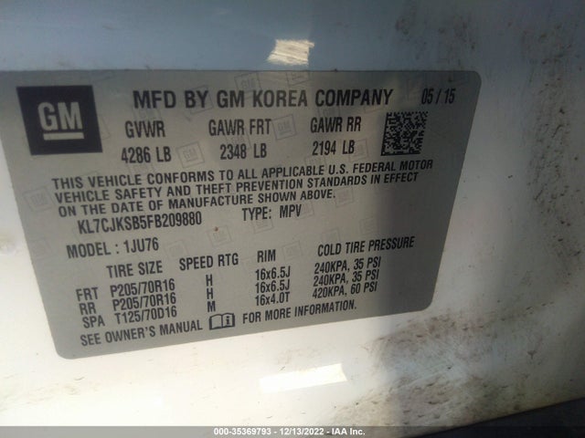 2015 Chevrolet Trax, VIN: KL7CJKSB5FB209880