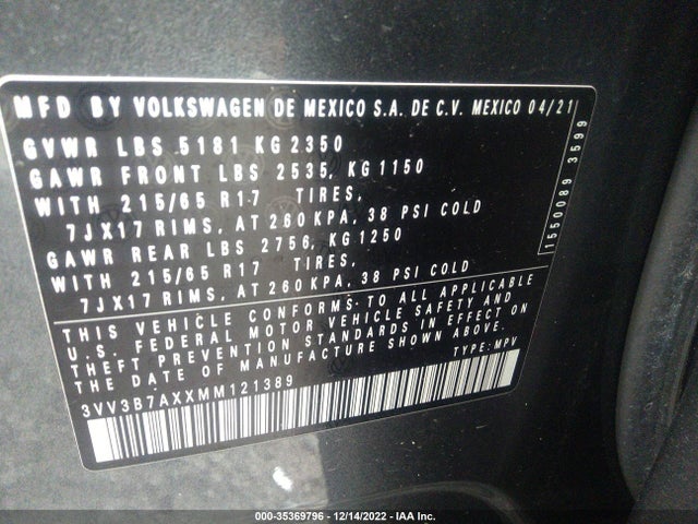 2021 Volkswagen Tiguan, VIN: 3VV3B7AXXMM121389