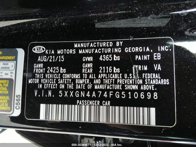 2015 Kia Optima, VIN: 5XXGN4A74FG510698