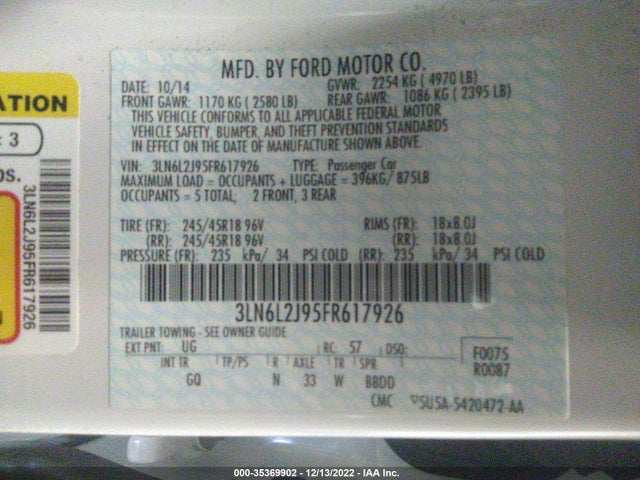 Lincoln MKZ 2015 3LN6L2J95FR617926 Image 11