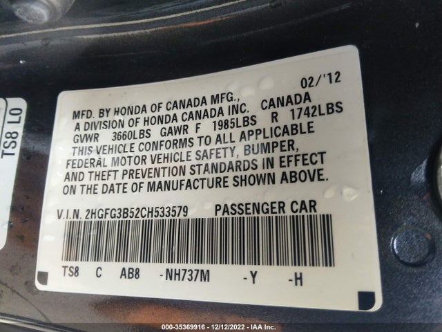 2012 HONDA CIVIC CPE LX VIN: 2HGFG3B52CH533579