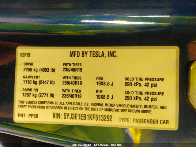 Tesla Model 3 Long Range/performance 2019 5YJ3E1EB1KF513292 Image 9