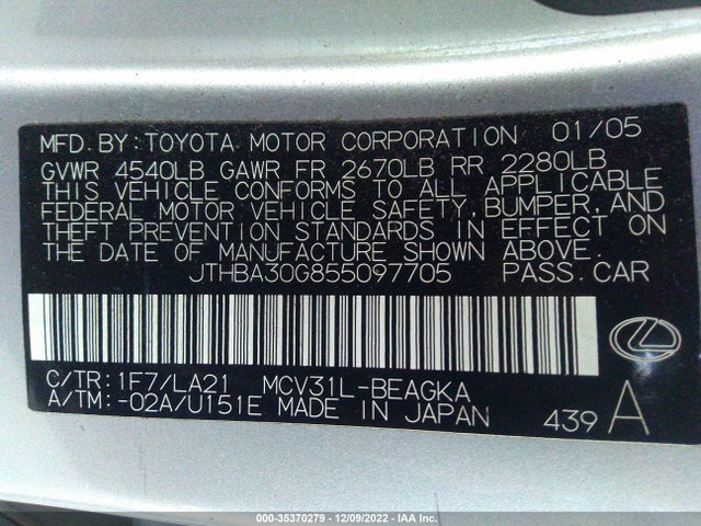 2005 LEXUS ES 330 VIN: JTHBA30G855097705