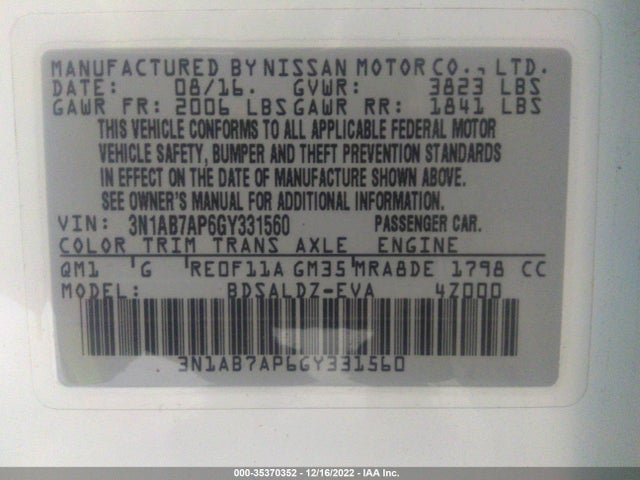 2016 Nissan Sentra, VIN: 3N1AB7AP6GY331560
