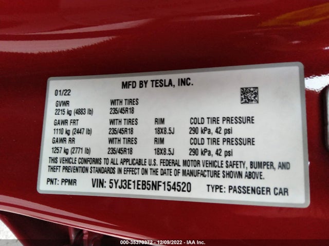 Tesla Model 3 Long Range 2022 5YJ3E1EB5NF154520 Image 10