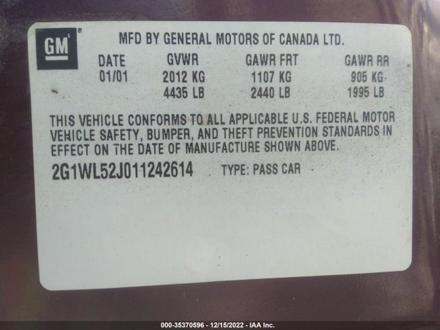 2001 CHEVROLET LUMINA VIN: 2G1WL52J011242614