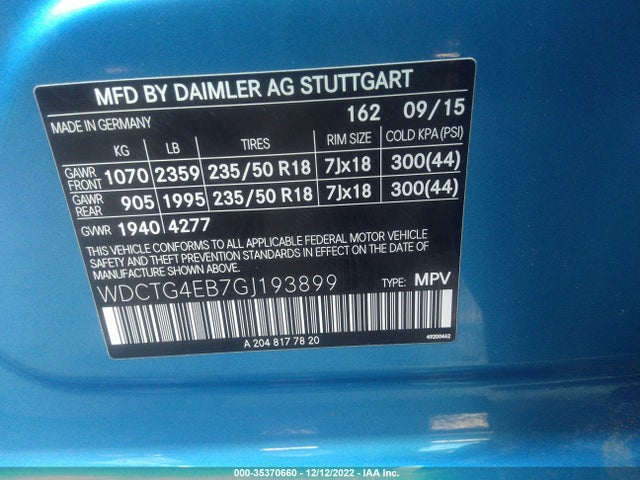2016 MERCEDES-BENZ GLA GLA 250 VIN: WDCTG4EB7GJ193899
