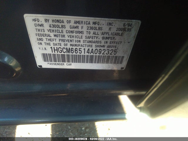 2004 HONDA ACCORD SDN EX VIN: 1HGCM66514A092325