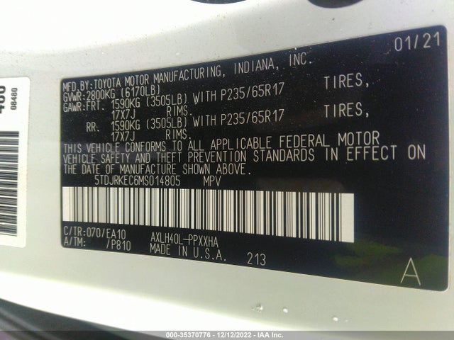 2021 Toyota Sienna, VIN: 5TDJRKEC6MS014805