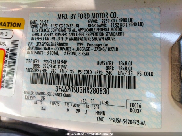2017 Ford Fusion, VIN: 3FA6P0SU3HR280830