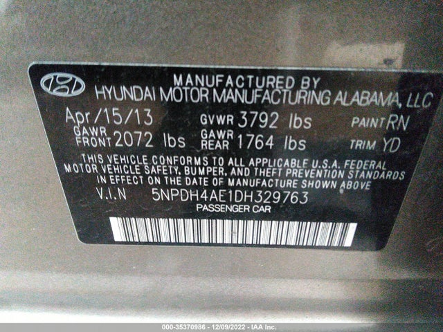 2013 HYUNDAI ELANTRA GLS PZEV VIN: 5NPDH4AE1DH329763