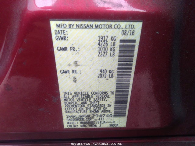 2016 NISSAN ALTIMA 2.5 SR VIN: 1N4AL3AP6GC294740
