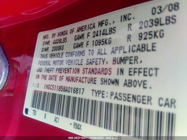 2008 HONDA ACCORD CPE EX-L VIN: 1HGCS11858A016817