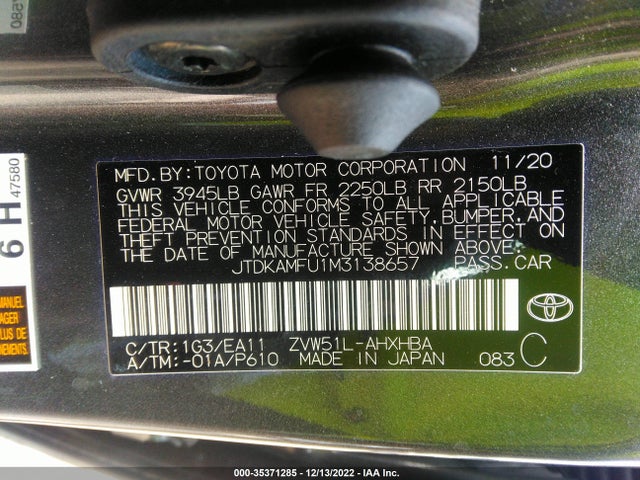 2021 Toyota Prius, VIN: JTDKAMFU1M3138657