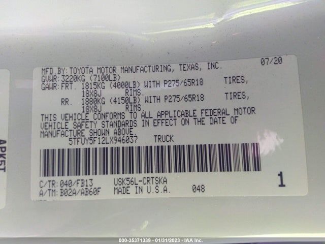 2020 Toyota Tundra, VIN: 5TFUY5F12LX946037