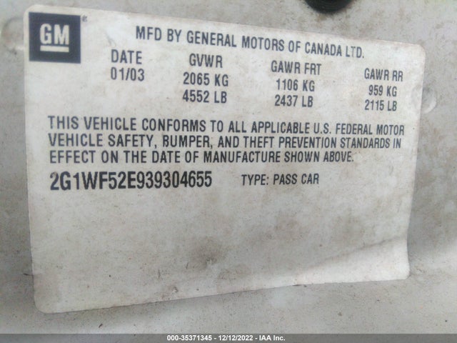 2003 CHEVROLET IMPALA VIN: 2G1WF52E939304655