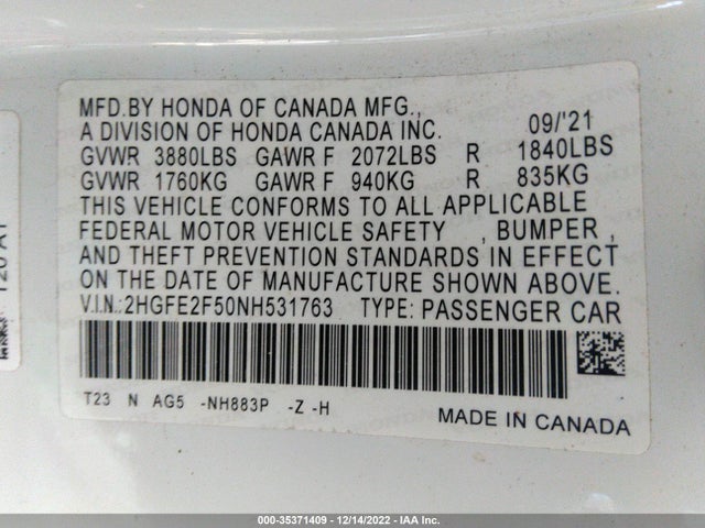 2022 HONDA CIVIC SEDAN SPORT VIN: 2HGFE2F50NH531763