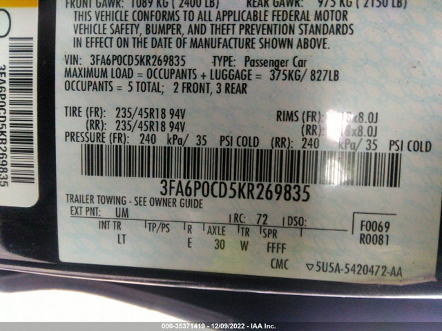 2019 FORD FUSION SEL VIN: 3FA6P0CD5KR269835