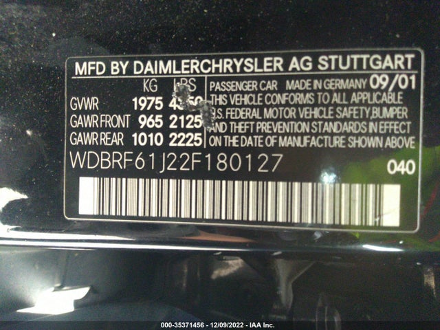 2002 MERCEDES-BENZ C CLASS VIN: WDBRF61J22F180127