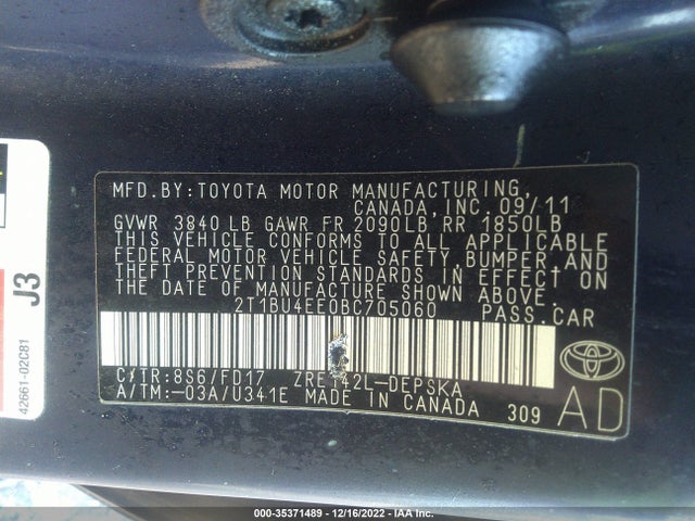 2011 TOYOTA COROLLA L/LE/S VIN: 2T1BU4EE0BC705060
