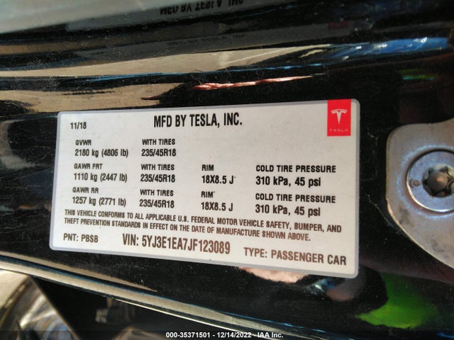 Tesla Model 3 Range Battery 2018 5YJ3E1EA7JF123089 Image 9
