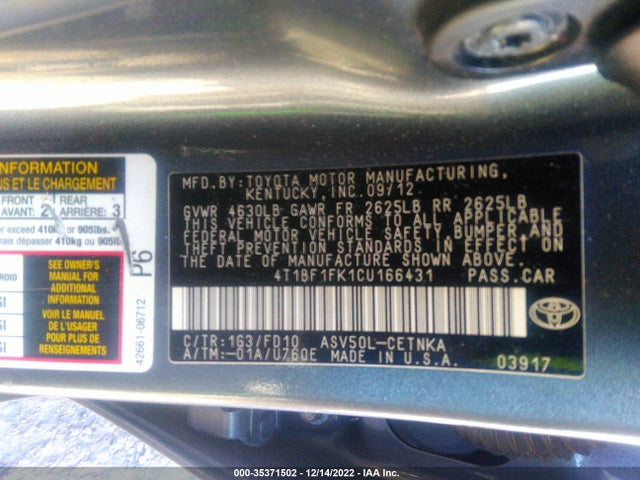 2012 TOYOTA CAMRY L/LE/SE/XLE VIN: 4T1BF1FK1CU166431
