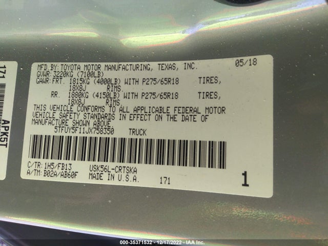 2018 Toyota Tundra, VIN: 5TFUY5F11JX758350