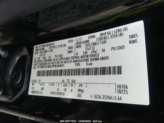 2018 FORD F-150 XL/XLT VIN: 1FTEW1CB9JFB30431
