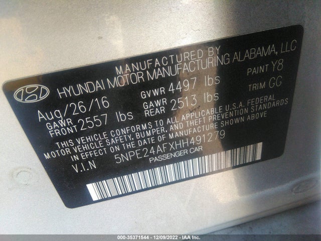 Hyundai Sonata 2.4l 2017 5NPE24AFXHH491279 Image 9