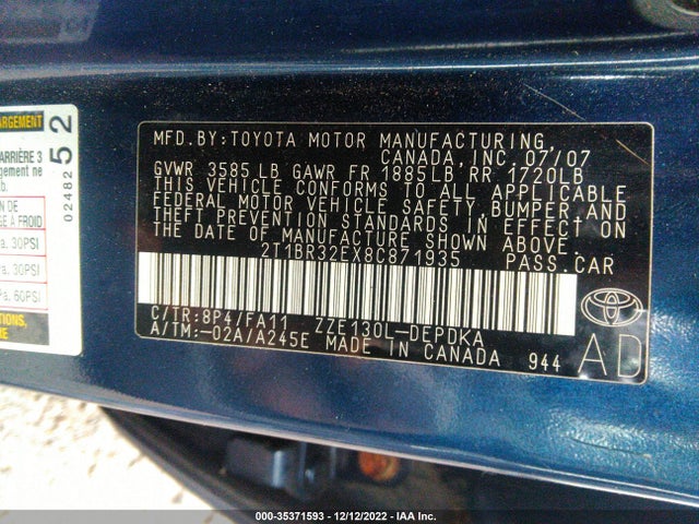 2008 TOYOTA COROLLA CE/S/LE VIN: 2T1BR32EX8C871935