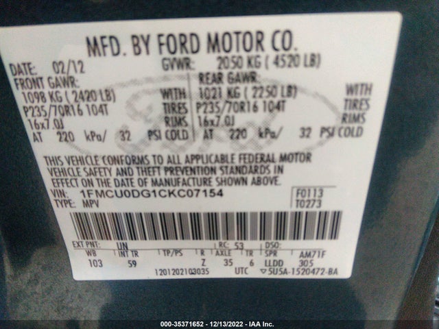 2012 FORD ESCAPE XLT VIN: 1FMCU0DG1CKC07154